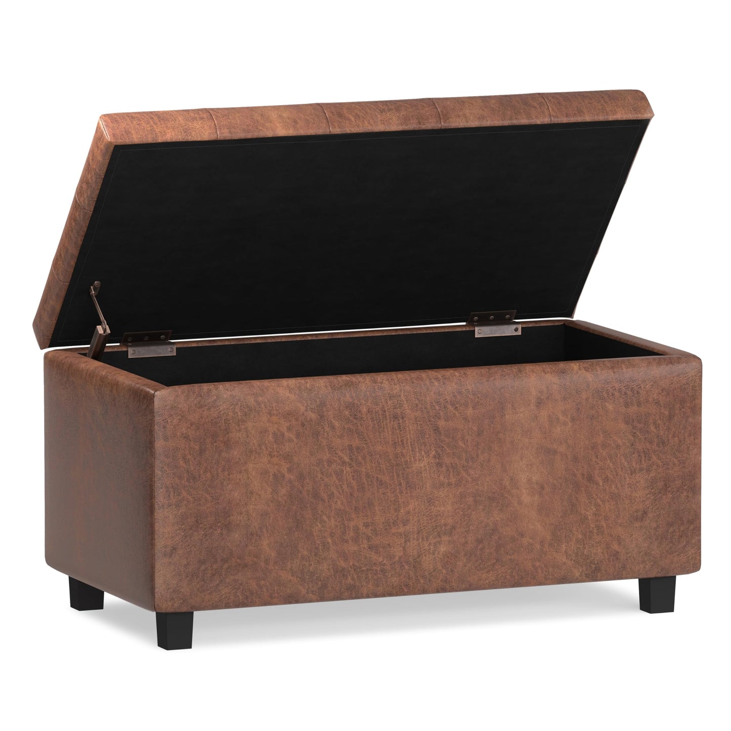 SIMPLIHOME Cosmopolitan Storage Ottoman - 34 inch Wide Upholstered Vegan Leather Rectangle Storage Ottoman Bench in Distressed Saddle Brown, Transitional Tufted Ottoman for Entryway with Lift-Up Lid