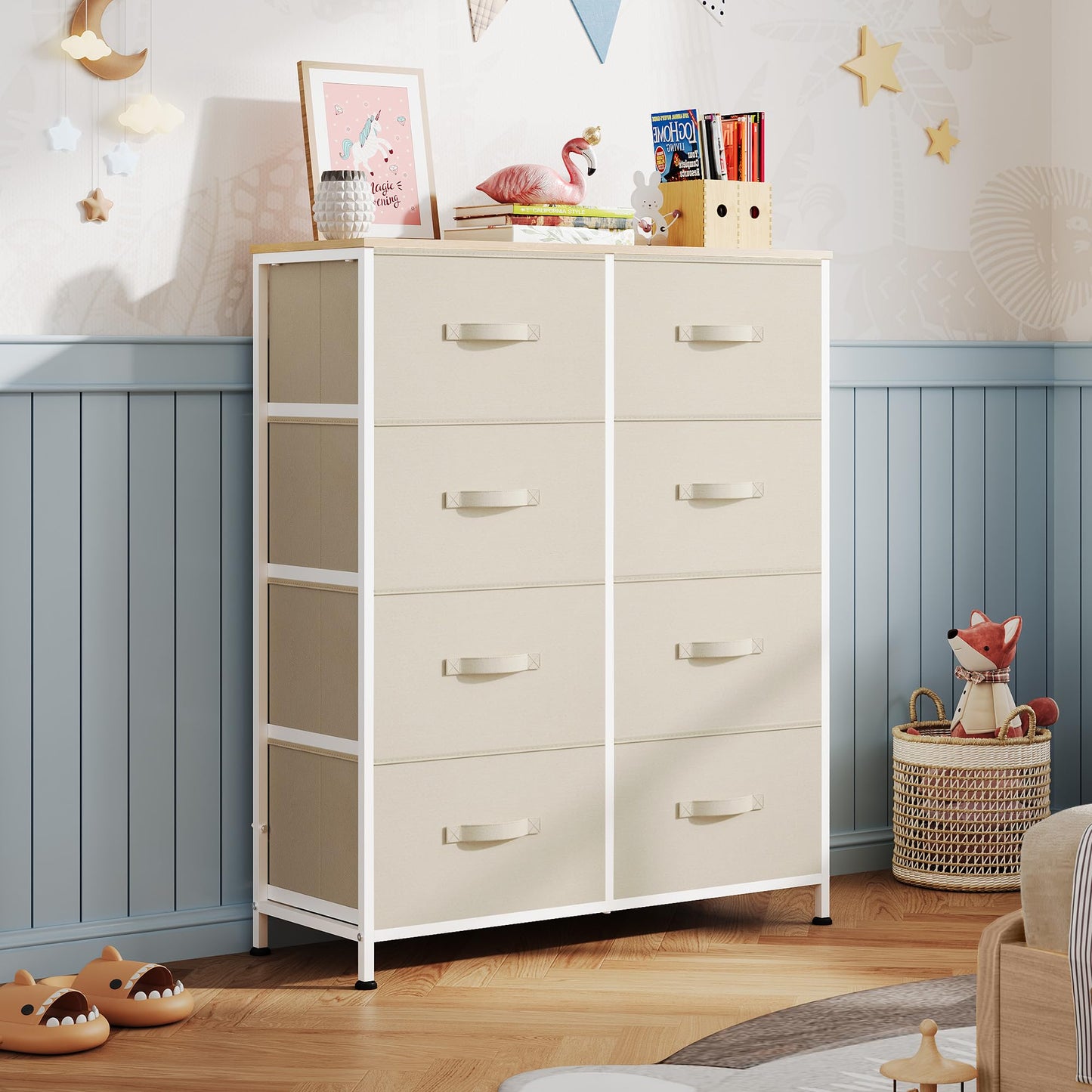 WLIVE Fabric Dresser for Bedroom, Tall Dresser with 8 Drawers, Storage Tower with Fabric Bins, Double Dresser, Chest of Drawers for Closet, Playroom, Dormitory, Cream White