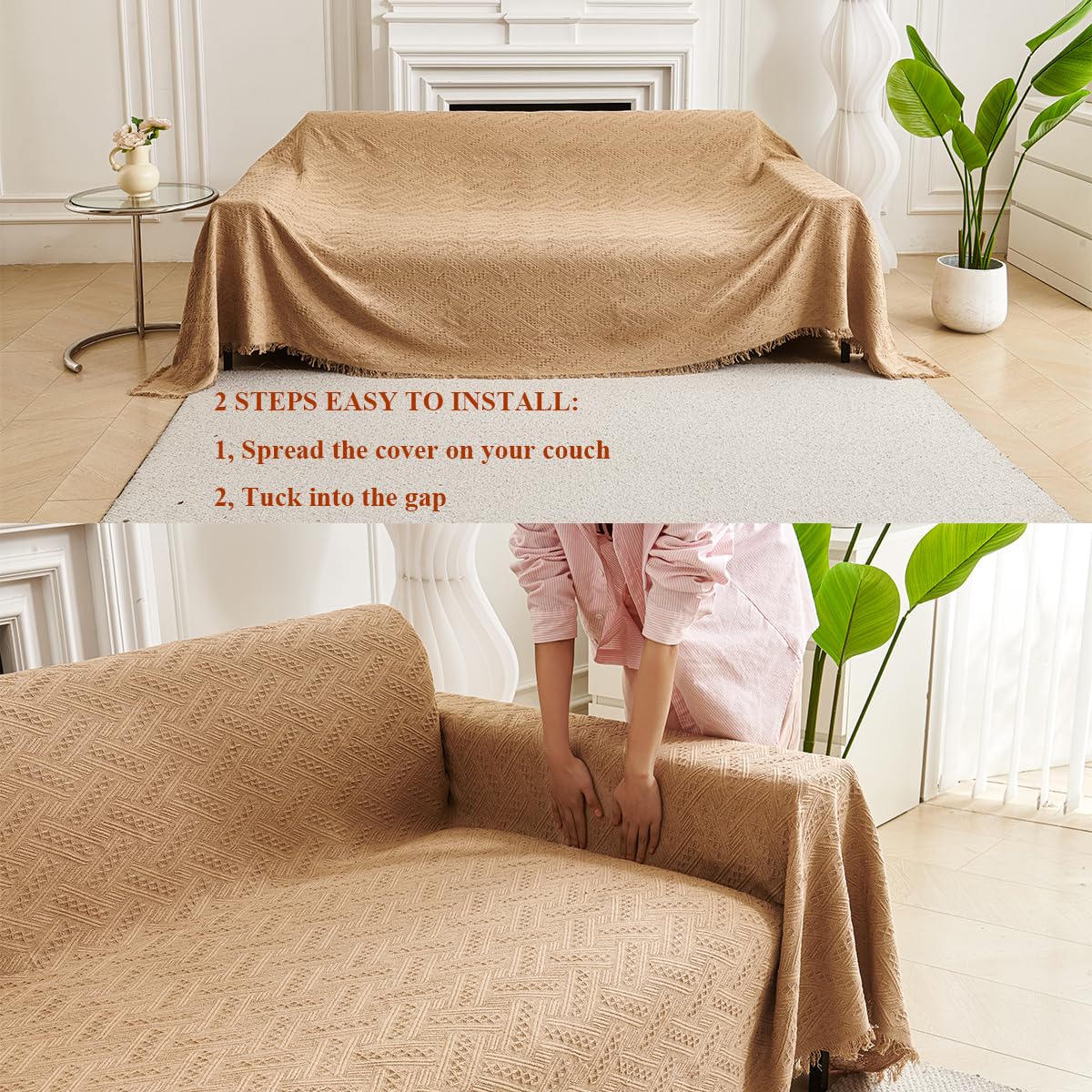 AIVIA Couch Cover Sheet Blanket, Oversized Covers for 3 Cushion Sofa, Large Furniture Decoration Slipcovers, L-Shape U-Shaped Sectional Protector for Cats Dogs Pets (Khaki, 71” x 118”)