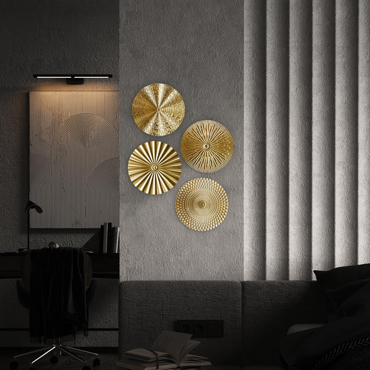 RUNTIVAN 4 Pack Metal Wall Art Decor - 11inch Sunburst Hanging Metal Artwork Decor Wall Art Decorations for Home Living Room Office Gift for Christmas(Gold)