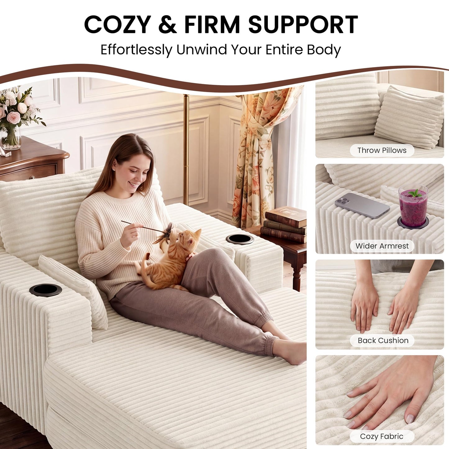 GRUSIGN 64" Chaise Lounge Chair Indoor, Oversized Sleeper Chair with Wood Frame, Corduroy Bedroom Couch, Reading Chair for Living Room, Deep Seat Sofa Bed with 2 Cup Holders