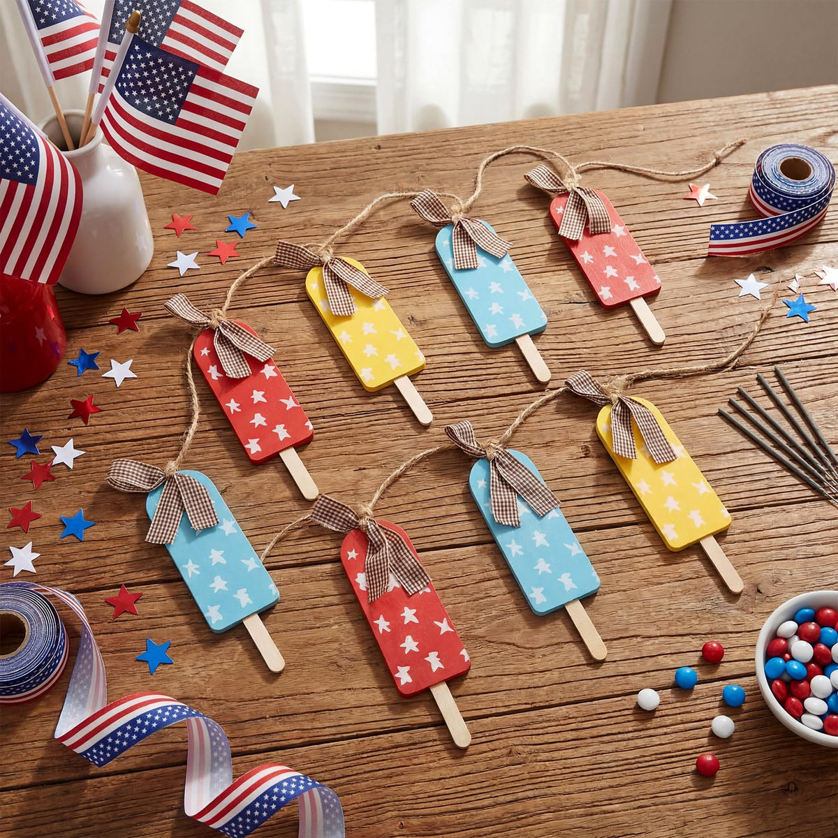 HunnmingRe Summer Patriotic Garland 10 ft 4th of July Red Blue White Yellow Banner American Summer Ice Cream Hanging Decoration for 250th Anniversary Independence Day Home Mantel Wall Party Supplies