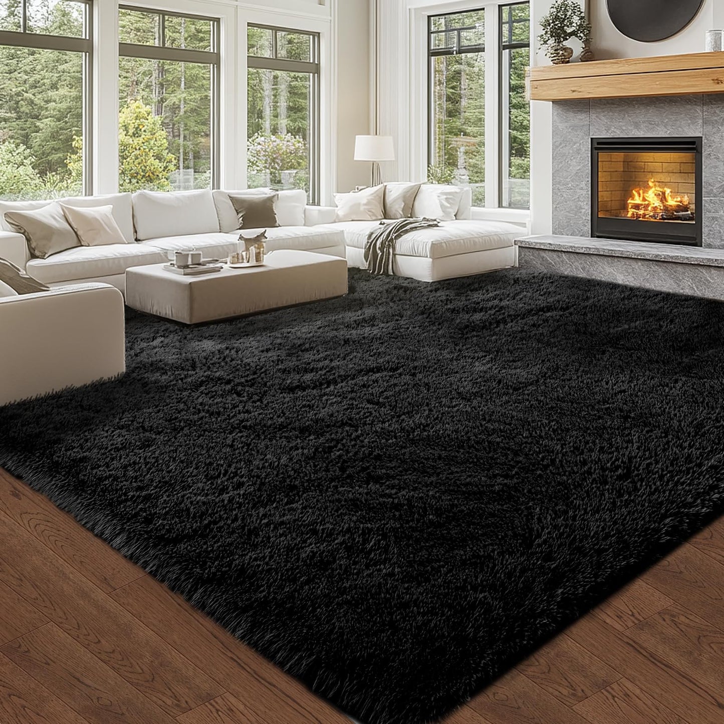 Topmaxcs Black Shag Area Rug Bedroom: 8x10 Shag Fluffy Area Rugs for Living Room- Plush Rugs for Bedroom- Large Fuzzy Soft Modern Rugs for Kids Room (Black, 8x10 Feet)