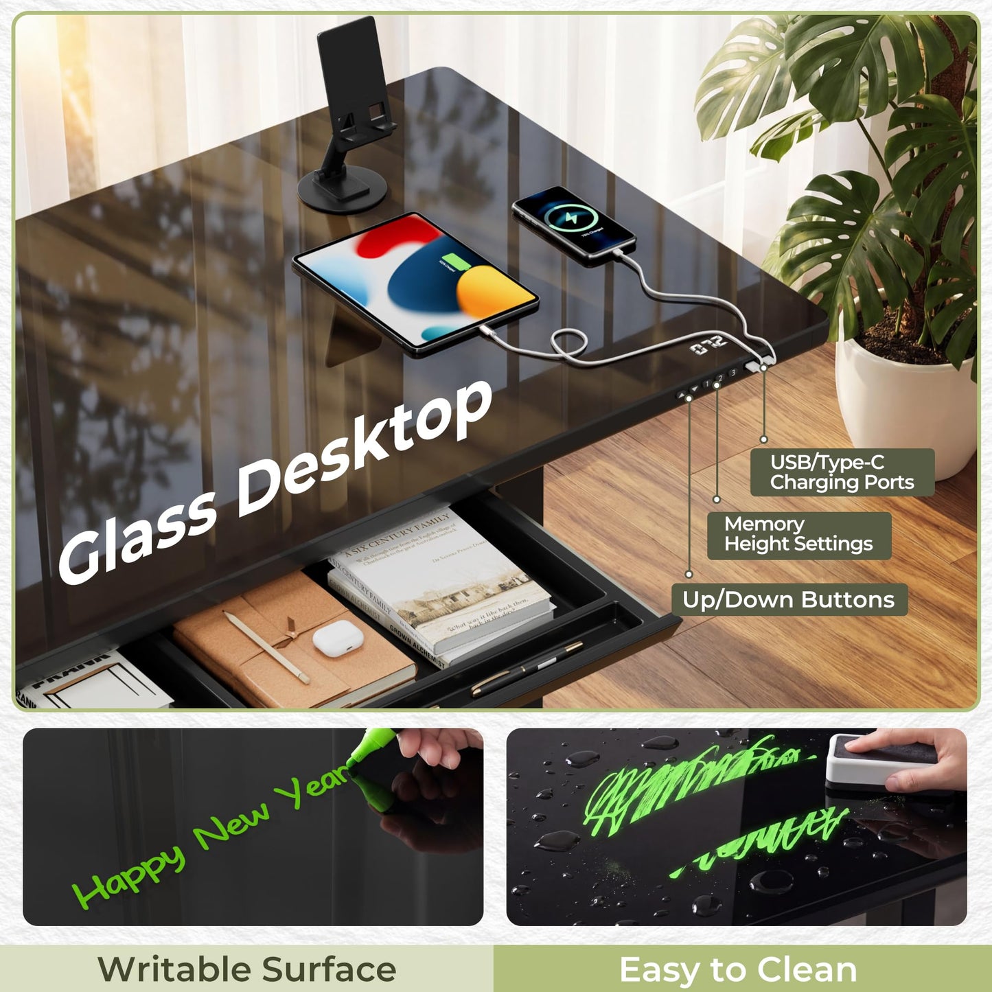 Furmax Glass Standing Desk with Drawers, Electric Adjustable Home Office Sit Stand Desk with One-Piece Desktop & USB Charging Port for Computer Desks (Black Glass, 48 Inch)