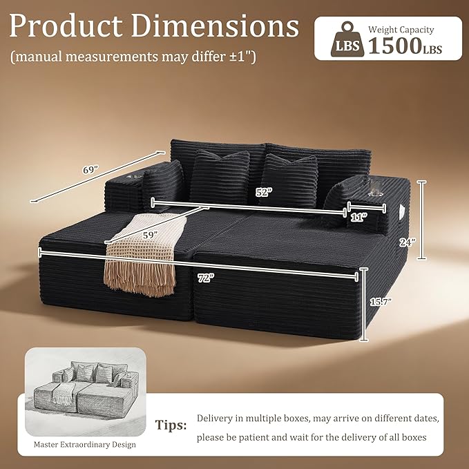 72" Cloud Sectional Couch, Comfort Sleep Sofa