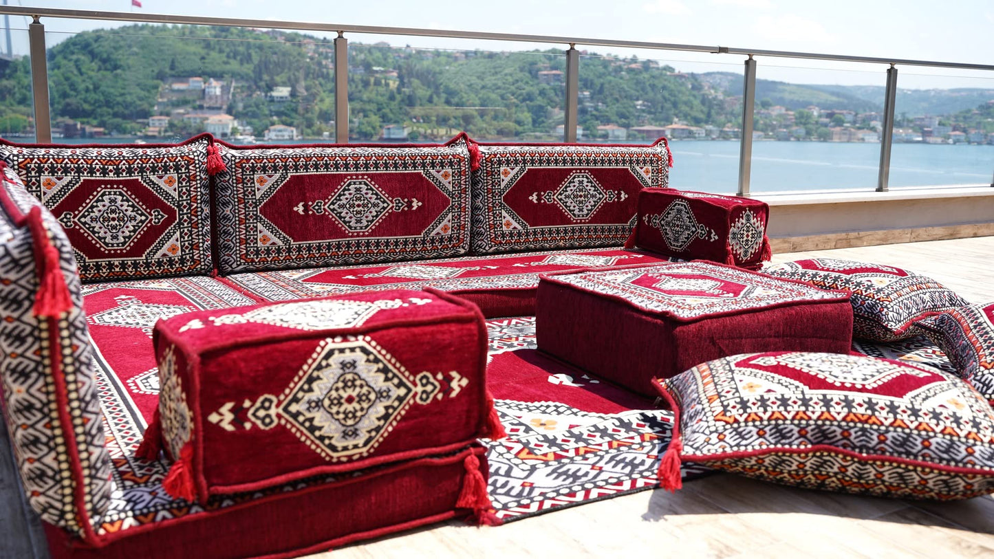 L Shaped Arabic Floor Cushions, Sectional Sofas, Arabic Majlis Set, Custom Made Sofa, Arabic Sofa Set, Seating Cushions (4'' Thickness Sofa, L Sofa Full Set, Burgundy)