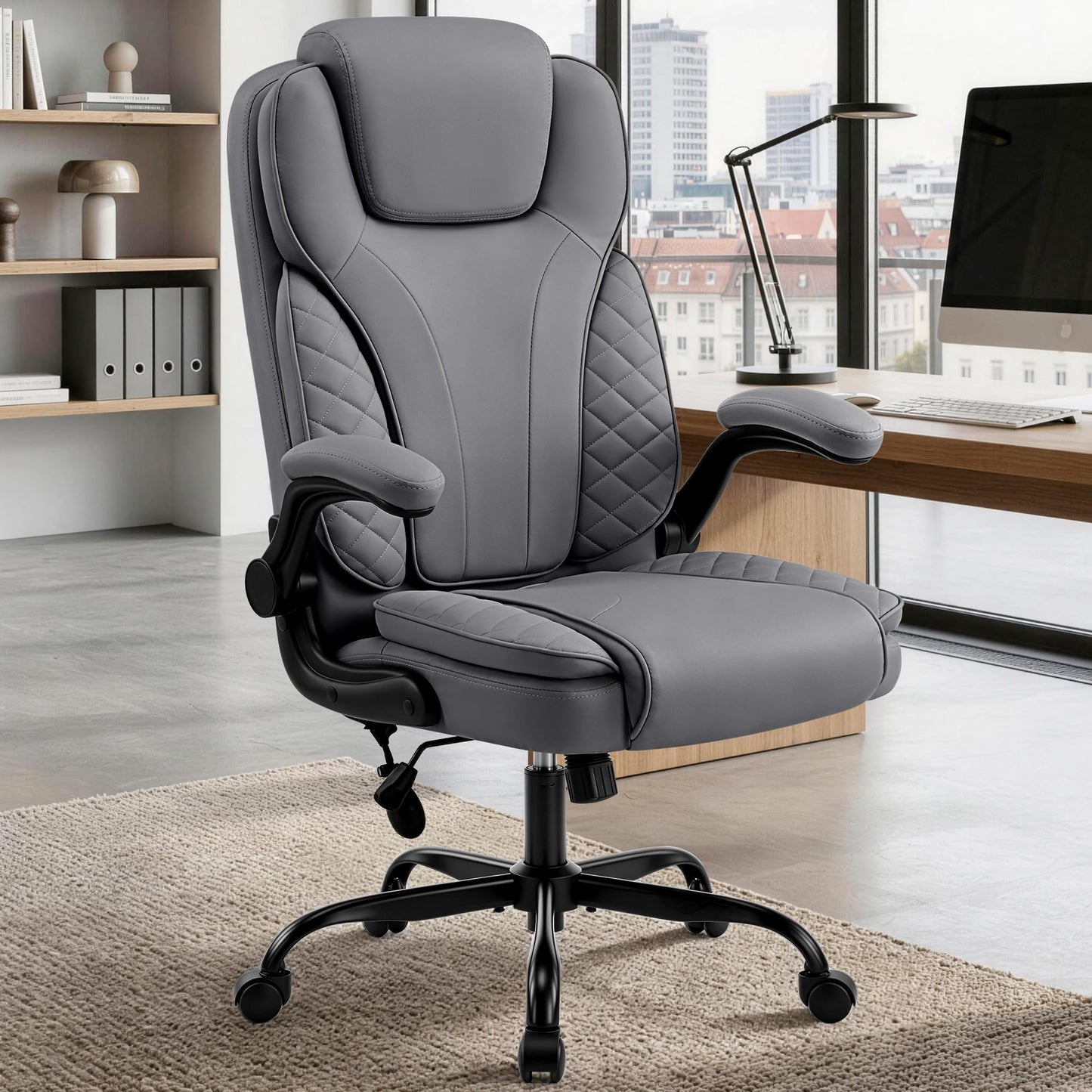 Hayelf Ergonomic Office Chair, PU Leather High Back Executive Chair with Adjustable Inflatable Lumbar Support and Padded Flip-Up Arms, Recline Swivel Task Computer Chair for Home Office, Gray