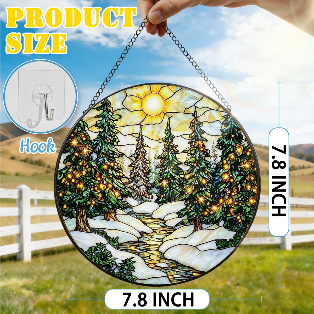 Stained Glass Window Hanging, 7.8 Inch Winter Forest Stained Glass Suncatcher, Window Hanging Decor, Christmas Landscape Ornament, Gifts for Women, Men & Nature Lovers, Gifts for Christmas & Holiday