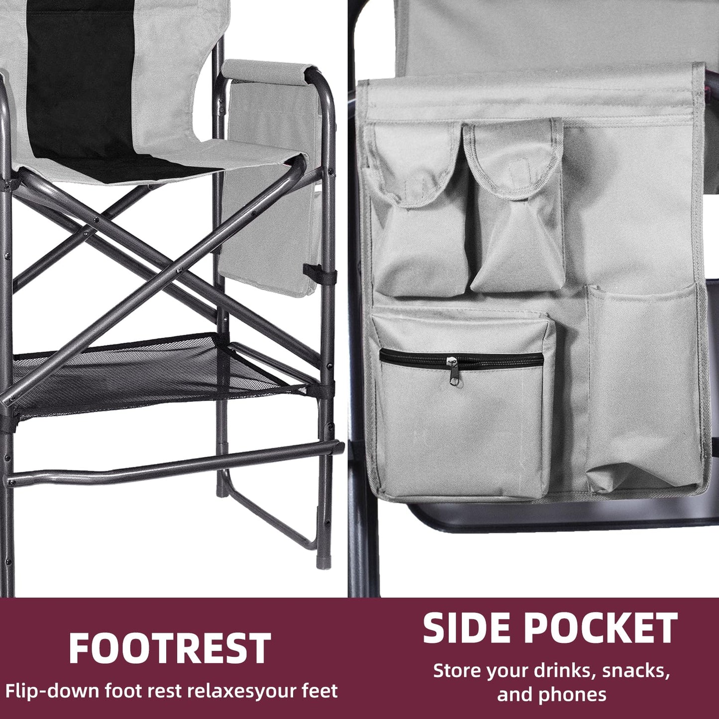 Foristrail 30" Tall Directors Chair with Side Table, 400LBS Bar Height Folding Camping Chair (Light Gray/Black)