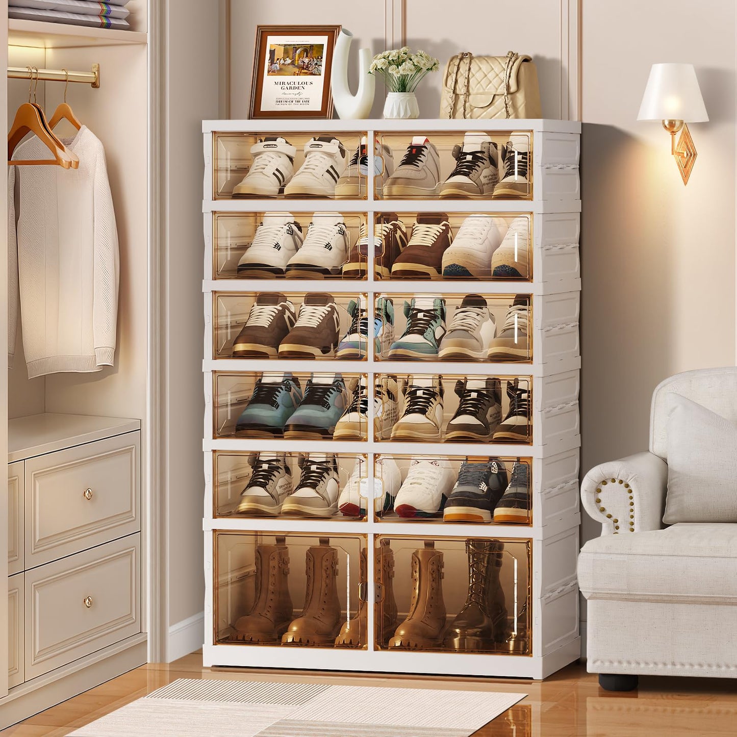 CIMLORD 6-Tier Foldable Shoe Rack Organizer for Closet, 18 Pairs Collapsible Plastic Shoe Shelf, Large Shoes Cabinet with Door, Clear Stackable Storage Box Easy Assembly White