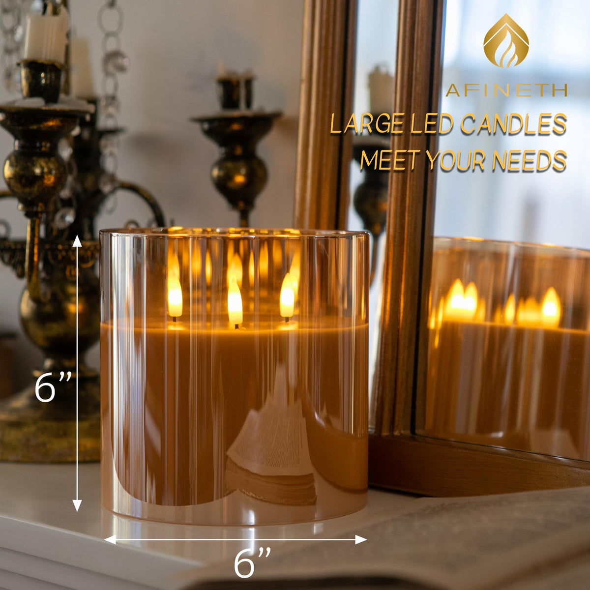AFINETH Extra Large Flameless Candles with 3 Wicks, 6"x6" Glass Battery Operated Candles with Remote, Real Wax Flickering LED Candles Fake Candle for Home, Wedding, Party, Glod