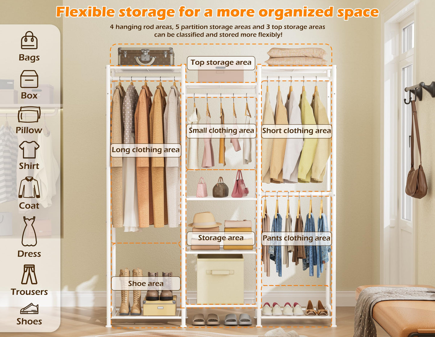 HOMIDEC Wardrobe Closet, 4 Hanging Spaces Portable Clothes Rack,Free Standing Closet Organizer and Storage System with Hanging Rods,Clothing Rack Suitable for Cloakroom,Bedroom,Entrances,etc.White
