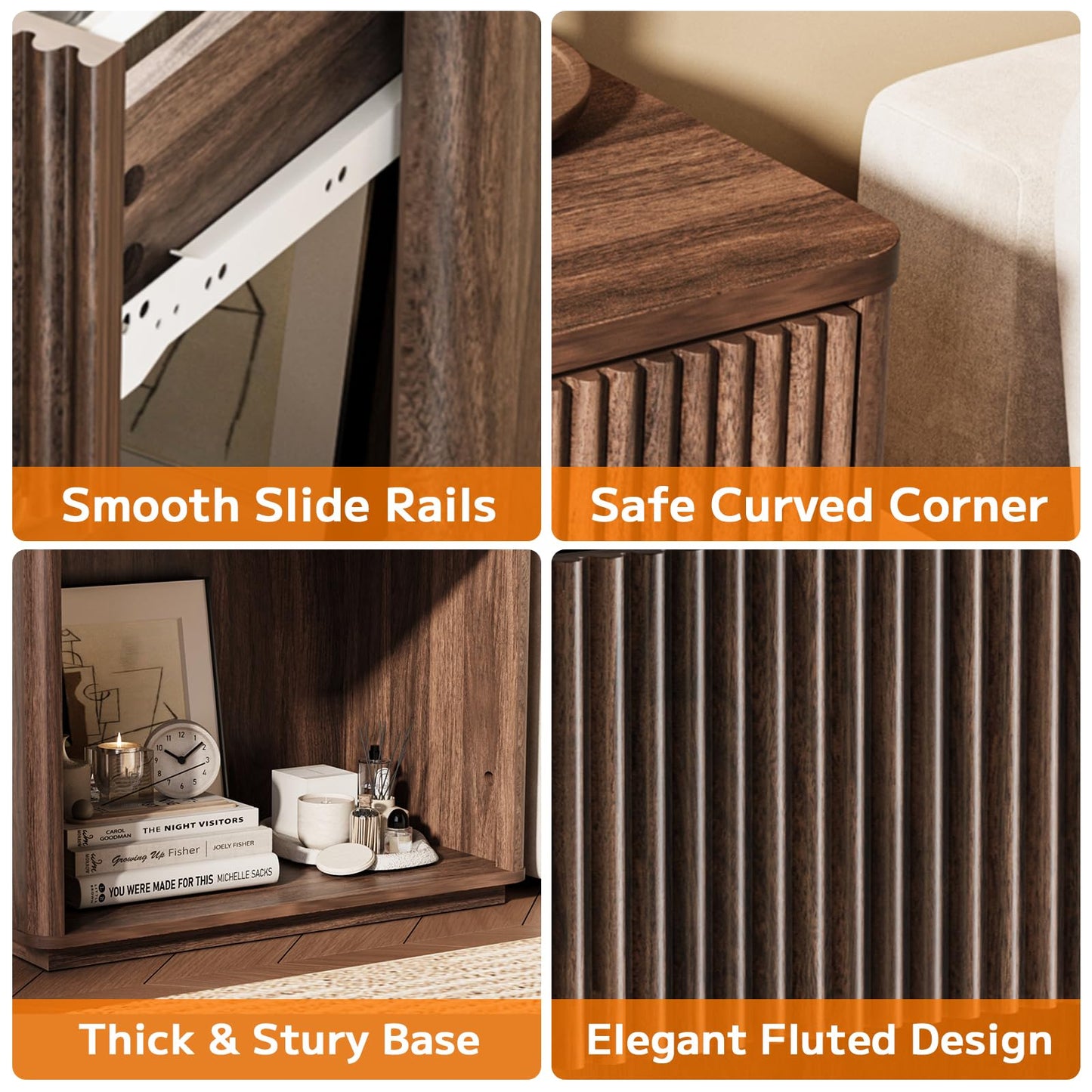 Cychuily Modern Fluted Nightstand Set of 2 for Bedroom, Mid Century Bedside Table with Drawer & Open Shelf, Wood End Table, Farmhouse Night Stand for Home, Hallway, Office, Walnut