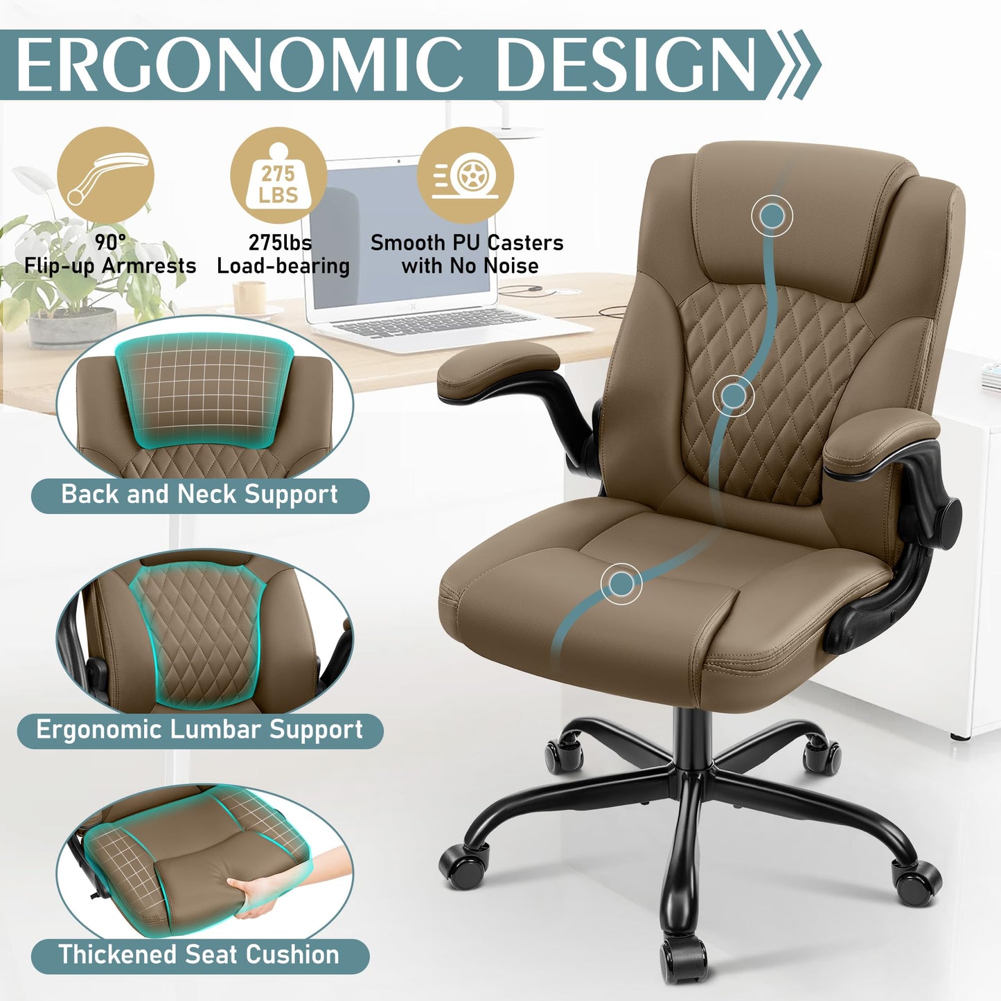 Leather Office Chair, PU Home Computer Desk Chairs with Ergonomic Back Support, 360°Swivel Free，Small Gaming Chair with Wheels and Adjustable Armrests, for Short People Use