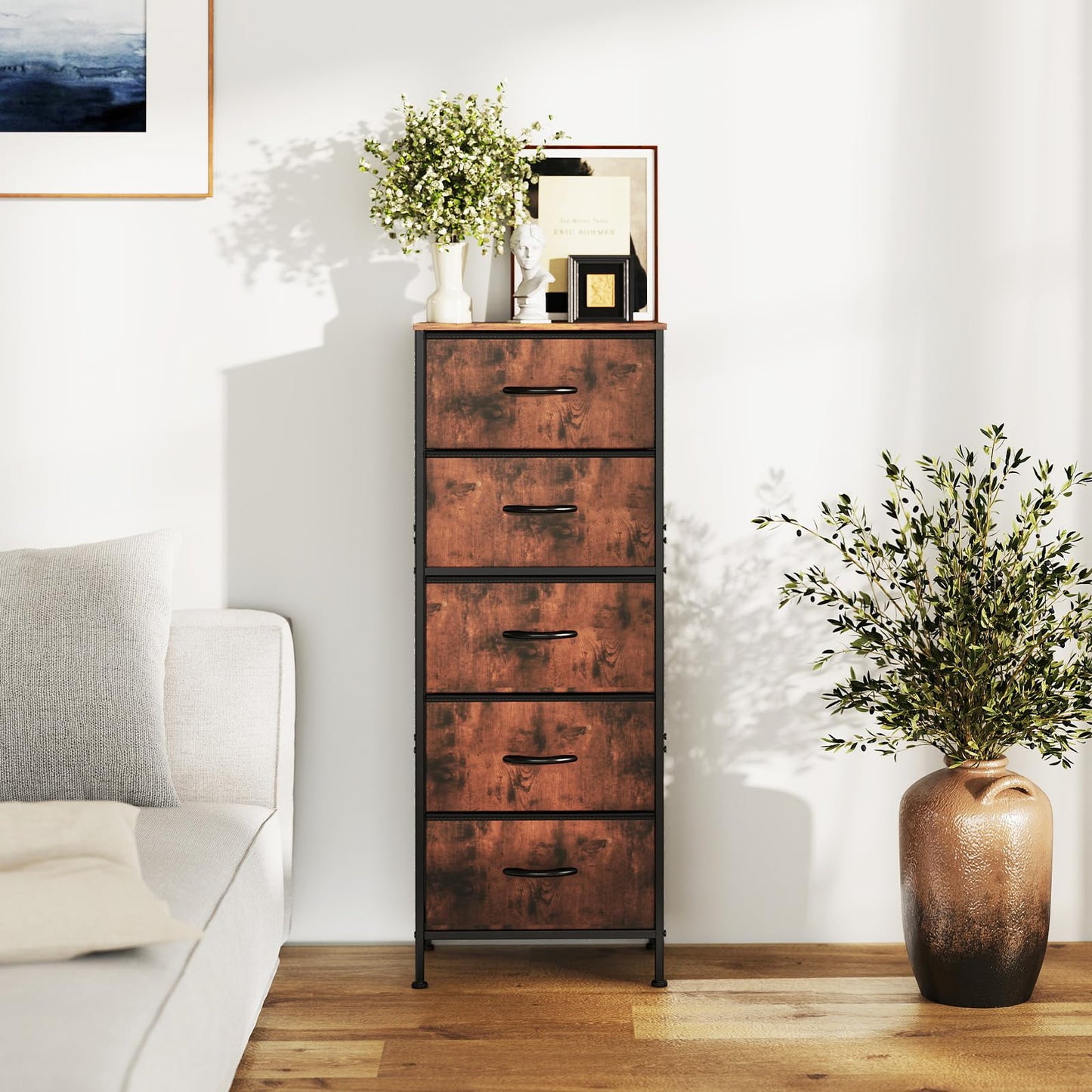 Sweetcrispy 5 Drawer Dresser with Fabric Bins Steel Frame Wood top Storage Chest for Bedroom Closet Hallway Brown Compact Organizer Durable Home Storage Solution