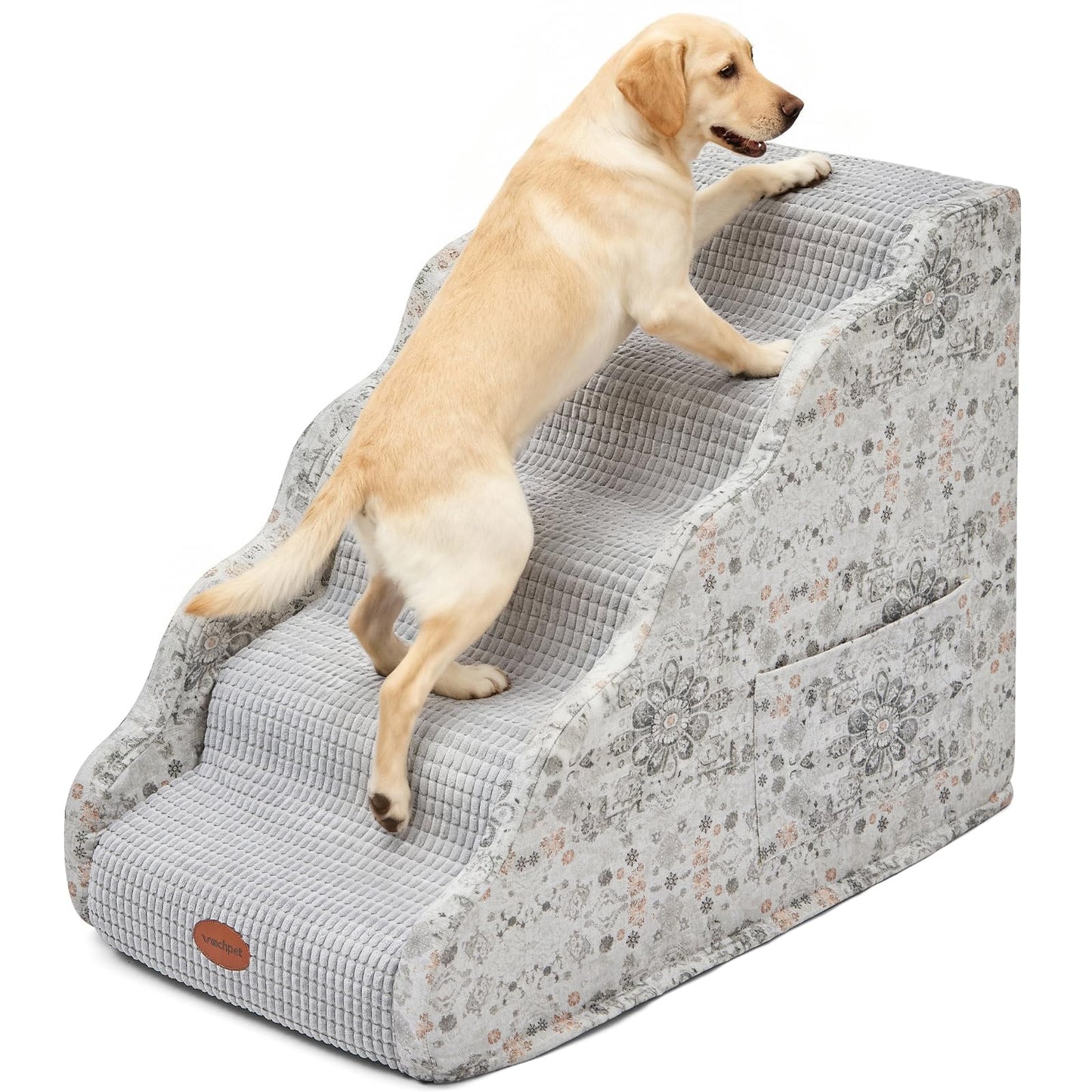 Woochpet Side Armrest Dog Stairs for High Beds Up to 26-30",5 Tier Wider Curved with Weighted Base Plate, Washable Cover Gentle Slope Steps, Bed & Couch Ladder for Small Medium Dogs & Senior Cat