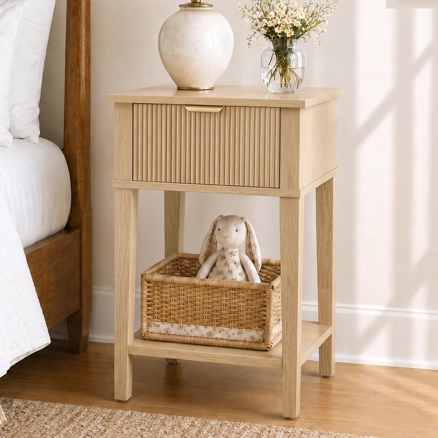 RIHHA Modern Fluted Small Wood Nightstand, 11.8" Deep x 15.4" Narrow Bedside Table with Drawer & Open Shelf, Boho Scandinavian Accent End Table for Bedroom & Sofa - Oak