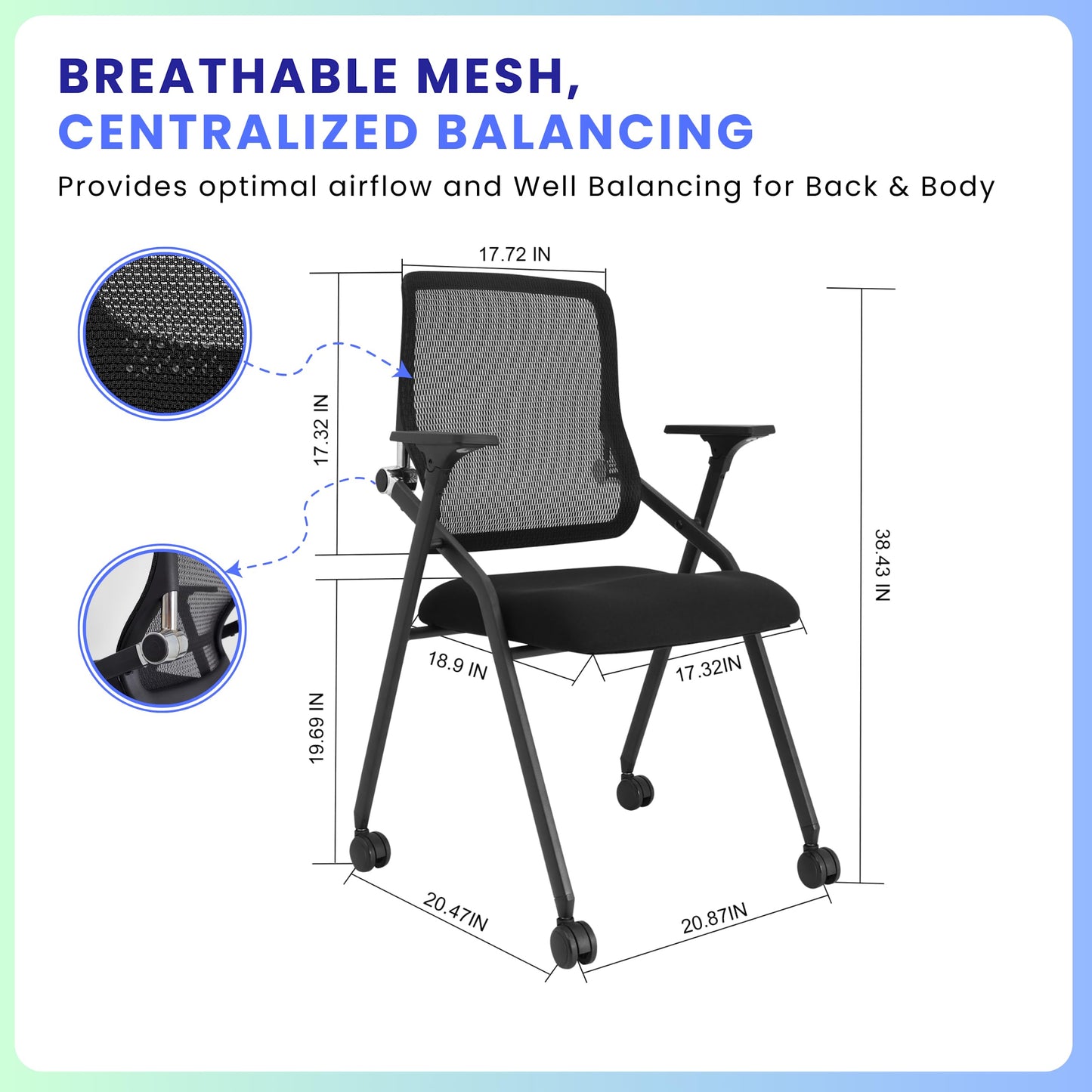 BROBRIYO PRO, Stackable & Foldable Conference Room Chairs with 2X Thick Cushion, Lumbar Support, Armrest - Mesh Bouncing Back for Office Meeting, Conference, Training Room Chair 1 Pack
