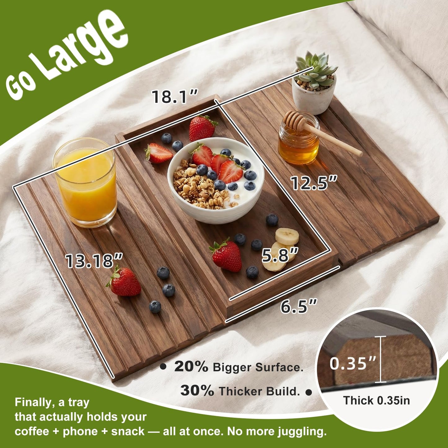 B-Zefyrn Sofa Arm Tray, Foldable Bamboo Couch Armrest Table with Large 12.5" x 5.8" Storage Compartment, Portable Chair Couch Caddy Arm Tray for Cup TV Snacks Phone