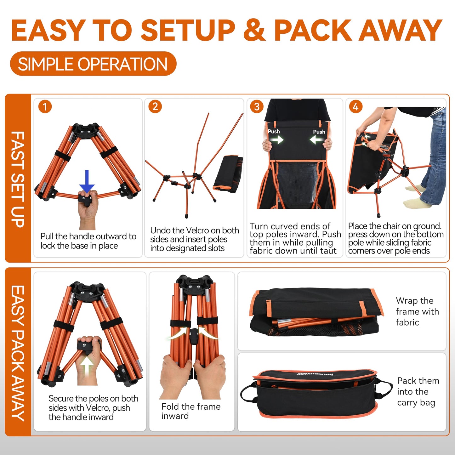 MARCHWAY Lightweight Folding High Back Camping Chair with Head Support, Stable Portable Compact for Outdoor Camp, Travel, Beach, Picnic, Festival, Hiking, Backpacking (Highback Orange)