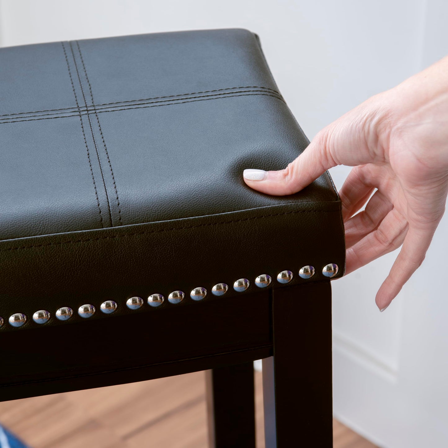 Linon Kingston Black Wooden Backless 26.5 Inch Seat Height Counter Stool with Black Faux Leather Upholstered Seat and Nailheads, Set of 2