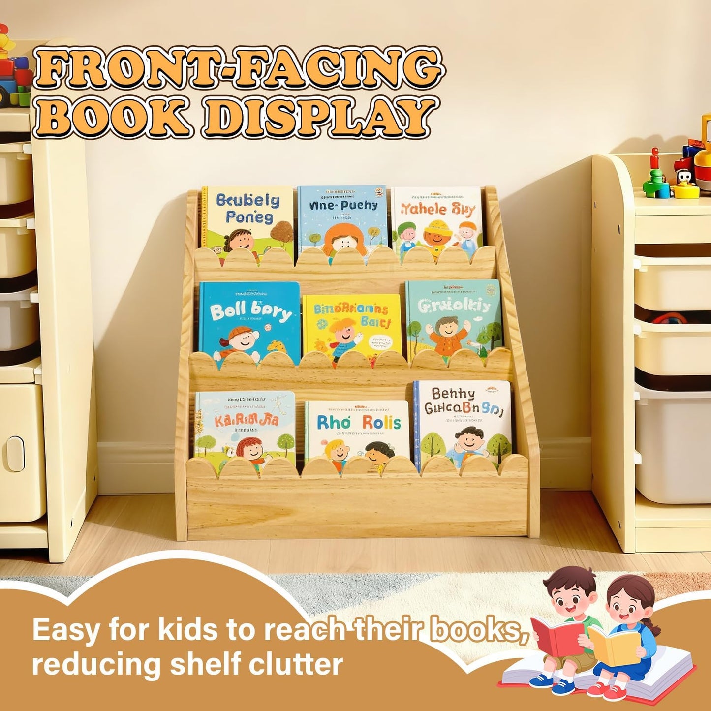 LILXIU 3-Tier Scalloped Bookshelf, Montessori Bookcase for Toddlers, Wooden Book Shelf for Kids Rooms, Playroom Nursery Classroom Organizer and Display Furniture
