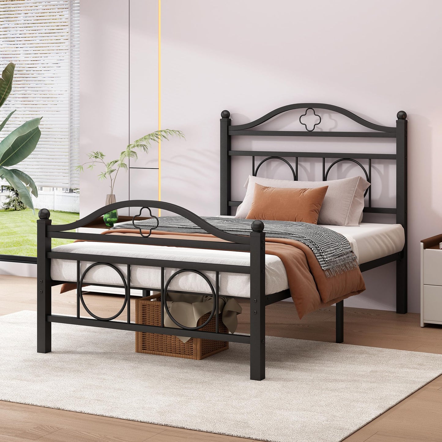 Vcaleets Twin Bed Frame with Headboard,Heavy Duty Steel Slats Support Mattress Foundation-Under Bed Storage, No Box Spring Needed, Noise Free
