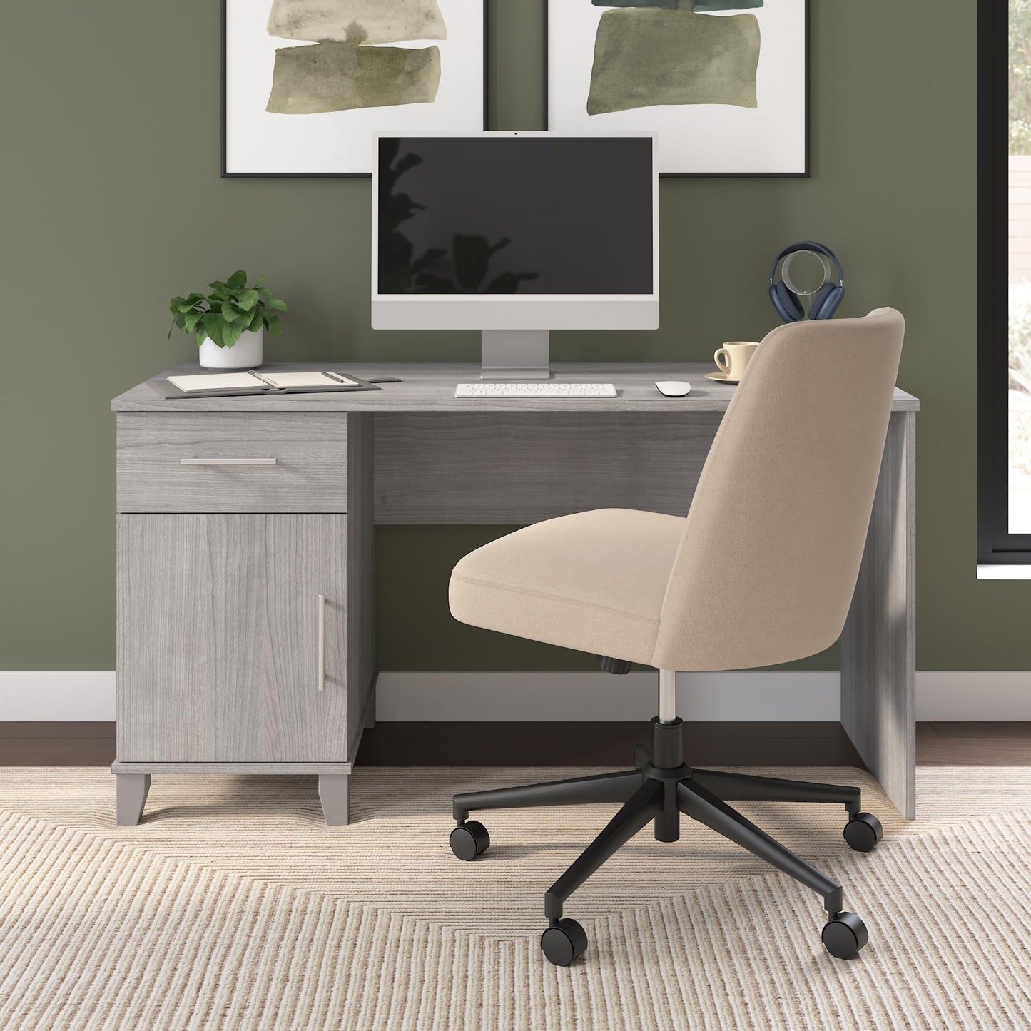 Bush Home 54-Inch Office Desk with Drawer and Storage Cabinet, Computer Desk with Box Drawer and Adjustable Shelf, Home Office Workstation Furniture, Somerset Collection, Platinum Gray