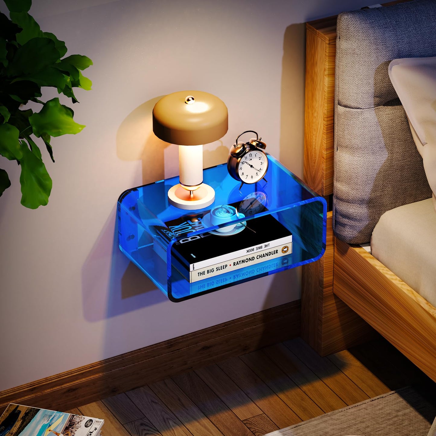 Acrylic Floating Nightstand, Bedside Table, Nightstand Shelf Wall Mounted Bedside Shelf (Blue, Small)