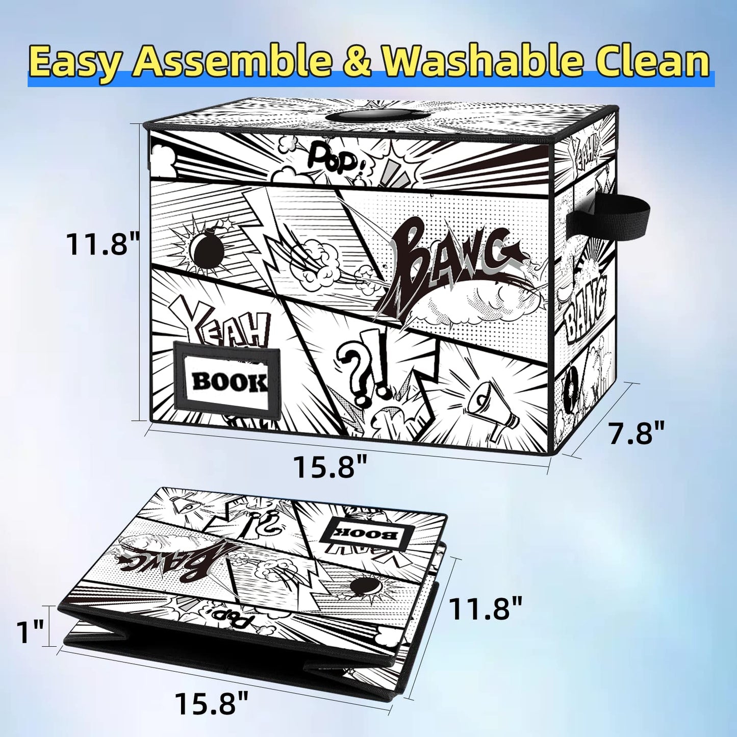 YNSZAS Comic Book Storage Box, 15.8" X 7.8" X 11.8", Heavy Duty Collapsible Holds 160-180 Comic Book Bin Container Holder Shelf (Cartoon Bombs)
