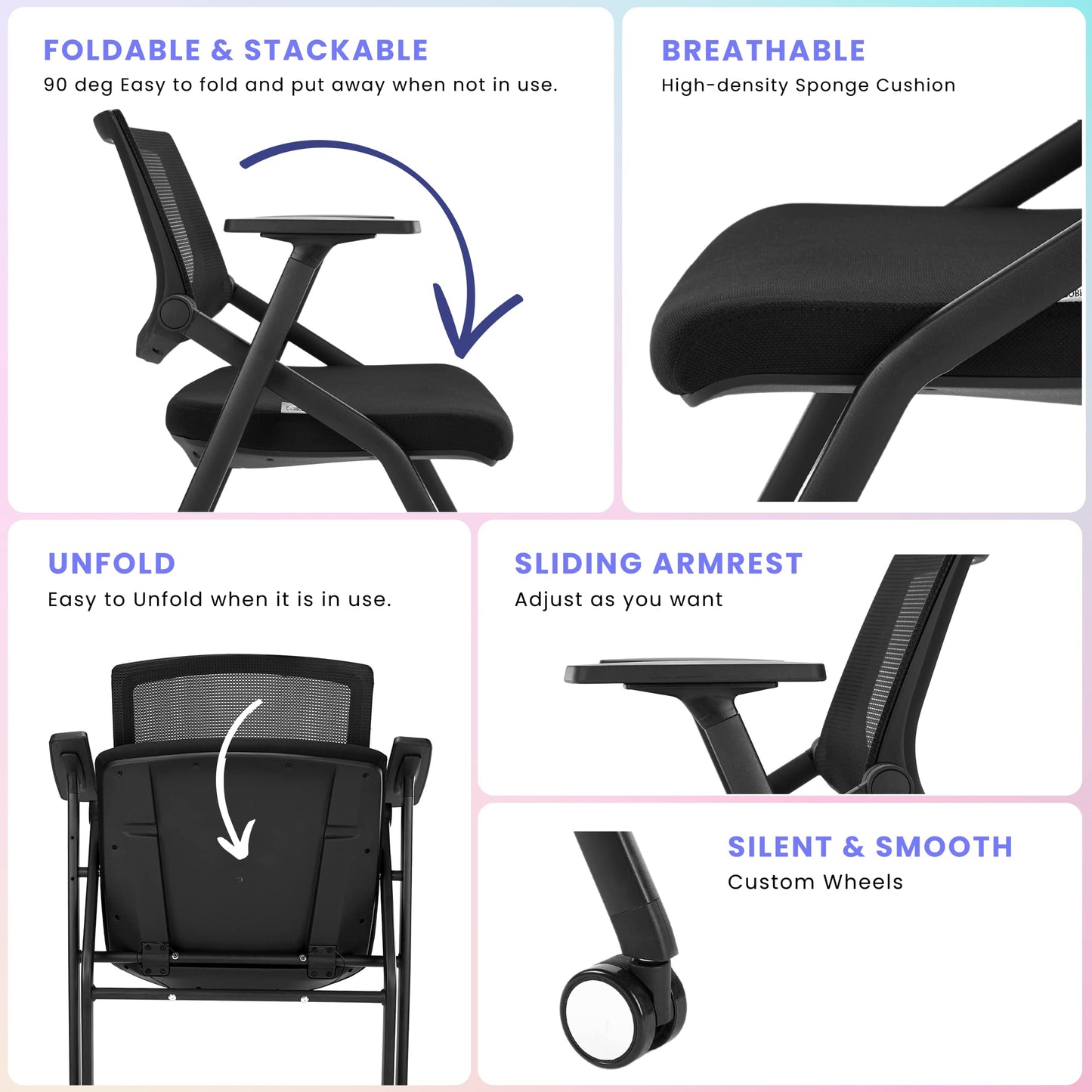 BROBRIYO 2 Pack Stackable Conference Room Chairs with Wheels and Paddle, Ergonomic Mesh Back and Arms for Meeting, Conference, Reception, Training Room & Home Office Desk Folding Chairs