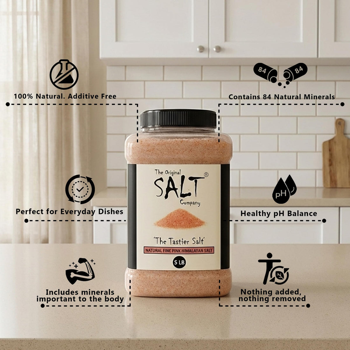 The Original Salt Company Pink Himalayan Salt, 5 LB Food-Grade Plastic Container 100% organic, kosher, fine grain, and gluten-free. Perfect for cooking, seasoning, and enhancing dishes with its mild, mineral-rich flavor.