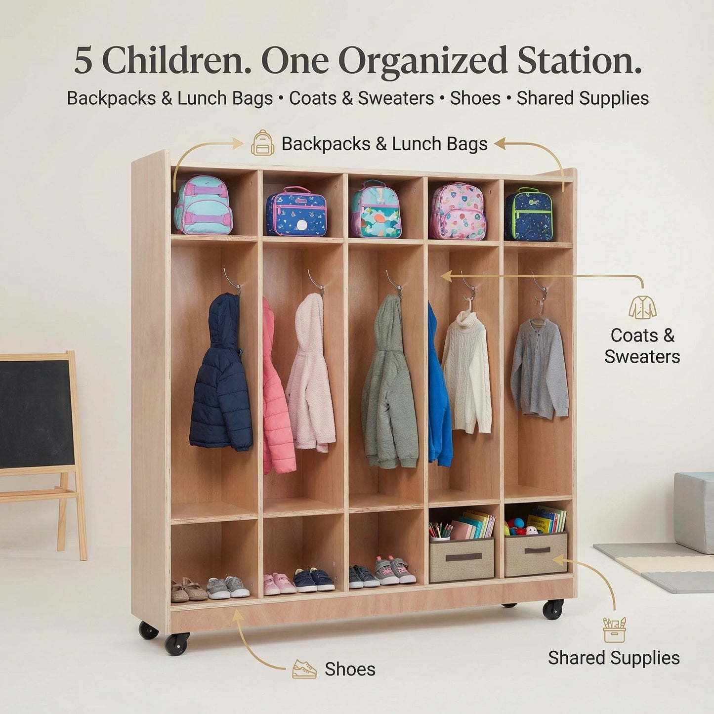 GarveeTech 5-Section Cubby Storage Organizer, Classroom Coat Locker with 4 Casters, 5 Hooks & 2 Storage Boxes, Heavy-Duty Plywood Daycare Furniture for Preschool & Kids Entryway, 48" Tall