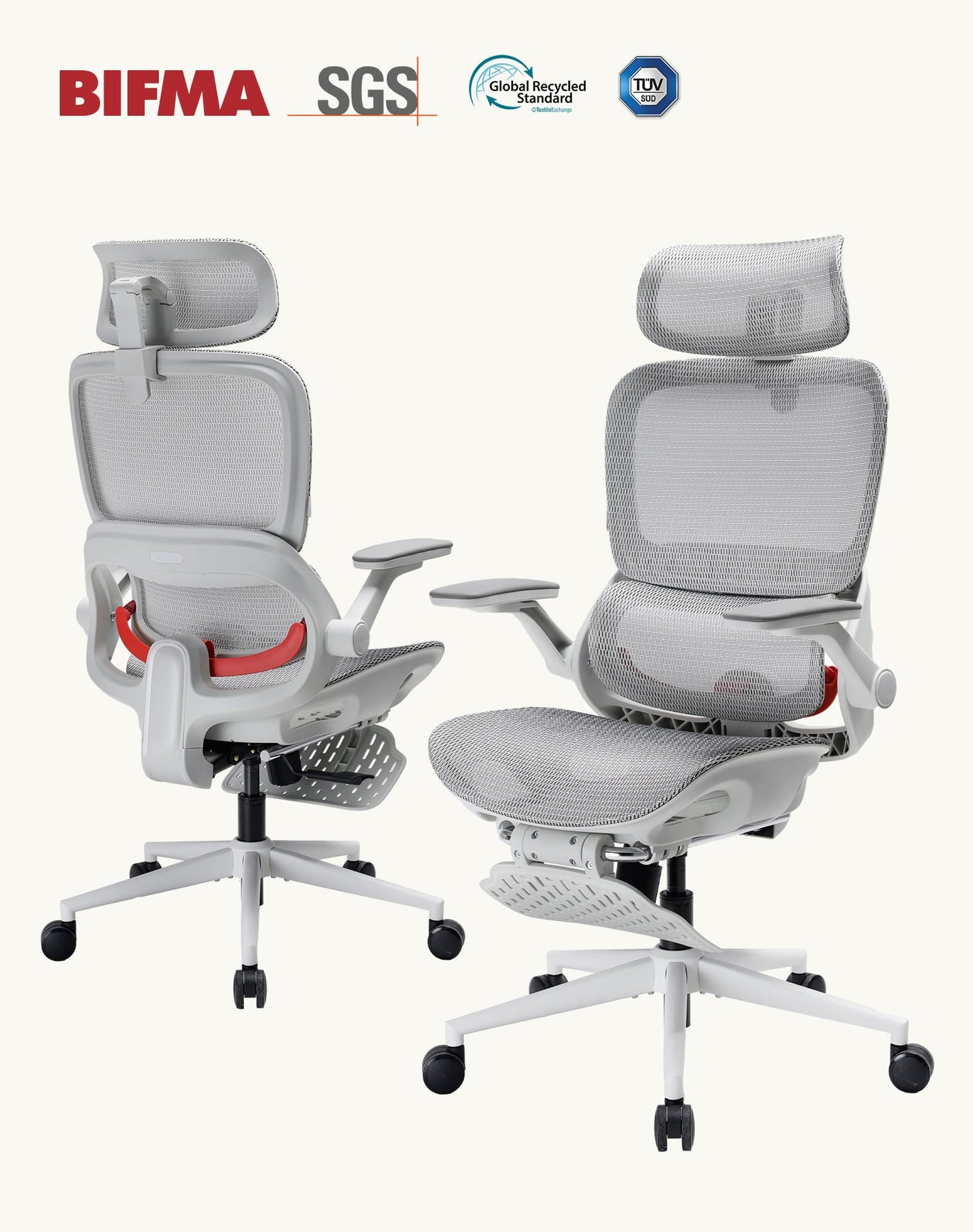SIHOO B100 Pro Ergonomic Office Chair, Office Chair with Adaptive Lumbar Support, Computer Chair with Dual-Back, Desk Chair with 360° Rotatable & Flip-Up Armrests, 3D Wide Headrest, Light Grey