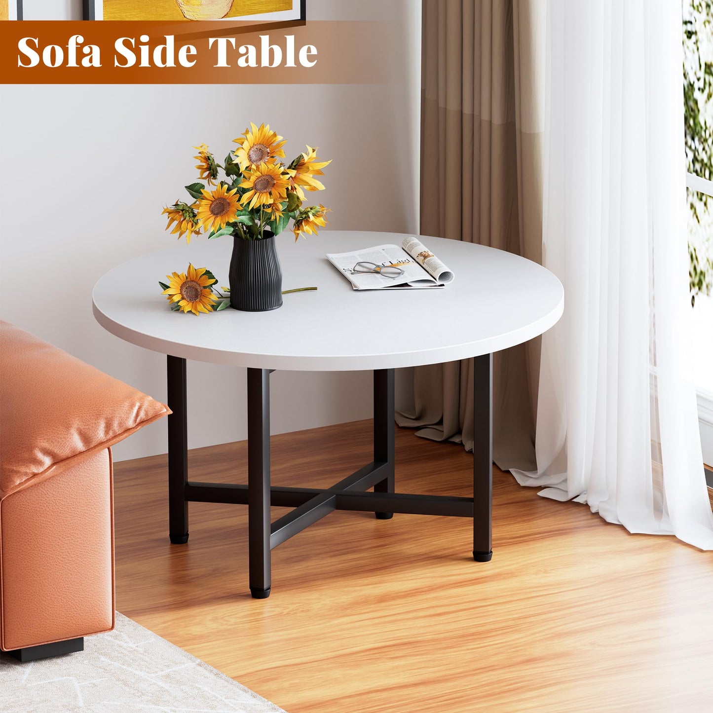 FURMORENE Coffee Table, 23.6" Small Coffee Tables, Gray Round Coffee Tables for Living Room, Floor Table for Sitting on The Floor, Center Coffee Table with Metal Frame for Office Apartment Home, White