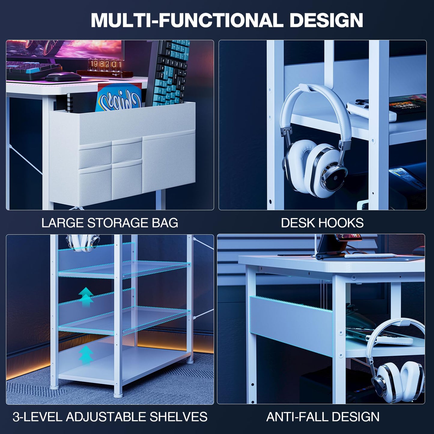 Acrolix L Shaped Gaming Desk 48 Inch - Computer Corner Desk with Power Outlets, Reversible Shelves & Storage Bag for Home Office, PC Gaming Table, White Carbon