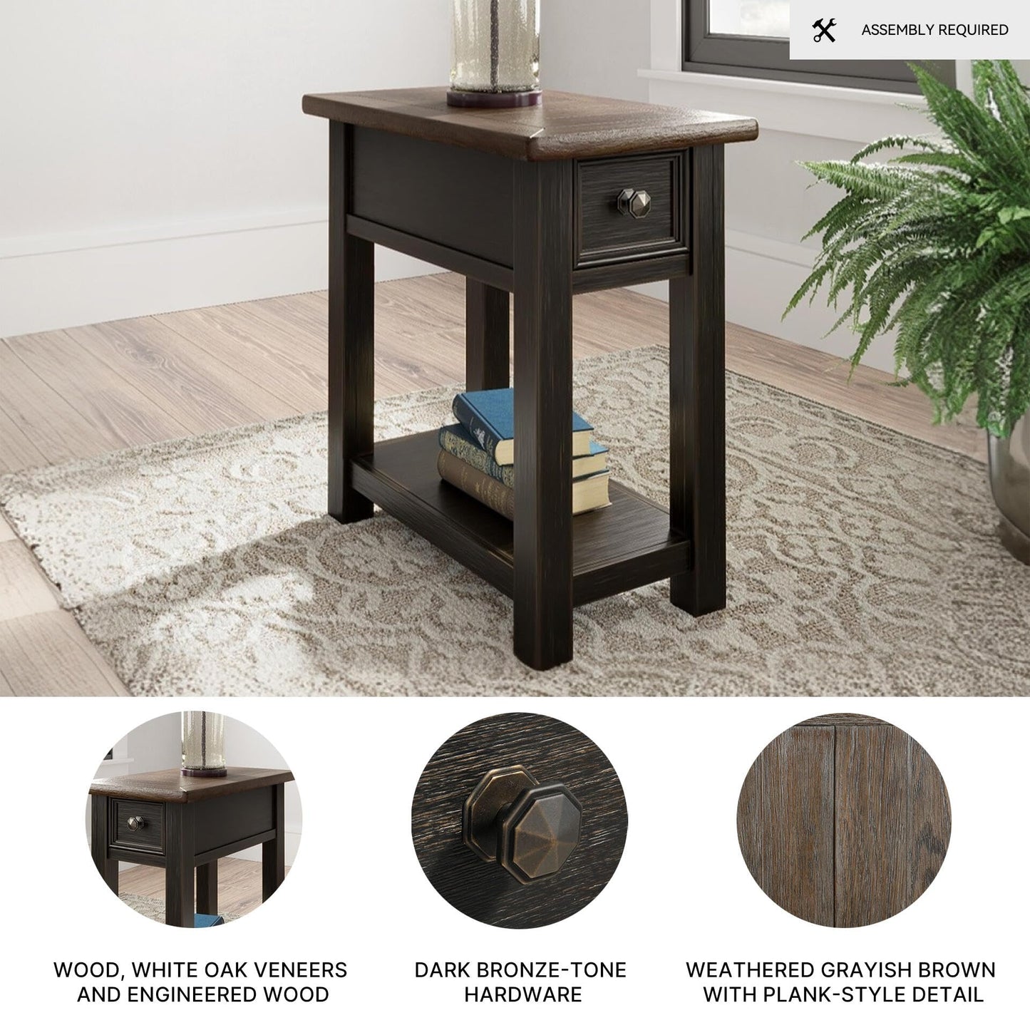Signature Design by Ashley Narrow Side Table with Charging Station, Tyler Creek Chairside End Table, Wood, Smooth-Gliding Storage Drawer, Living Room Furniture, Grayish Brown/Black