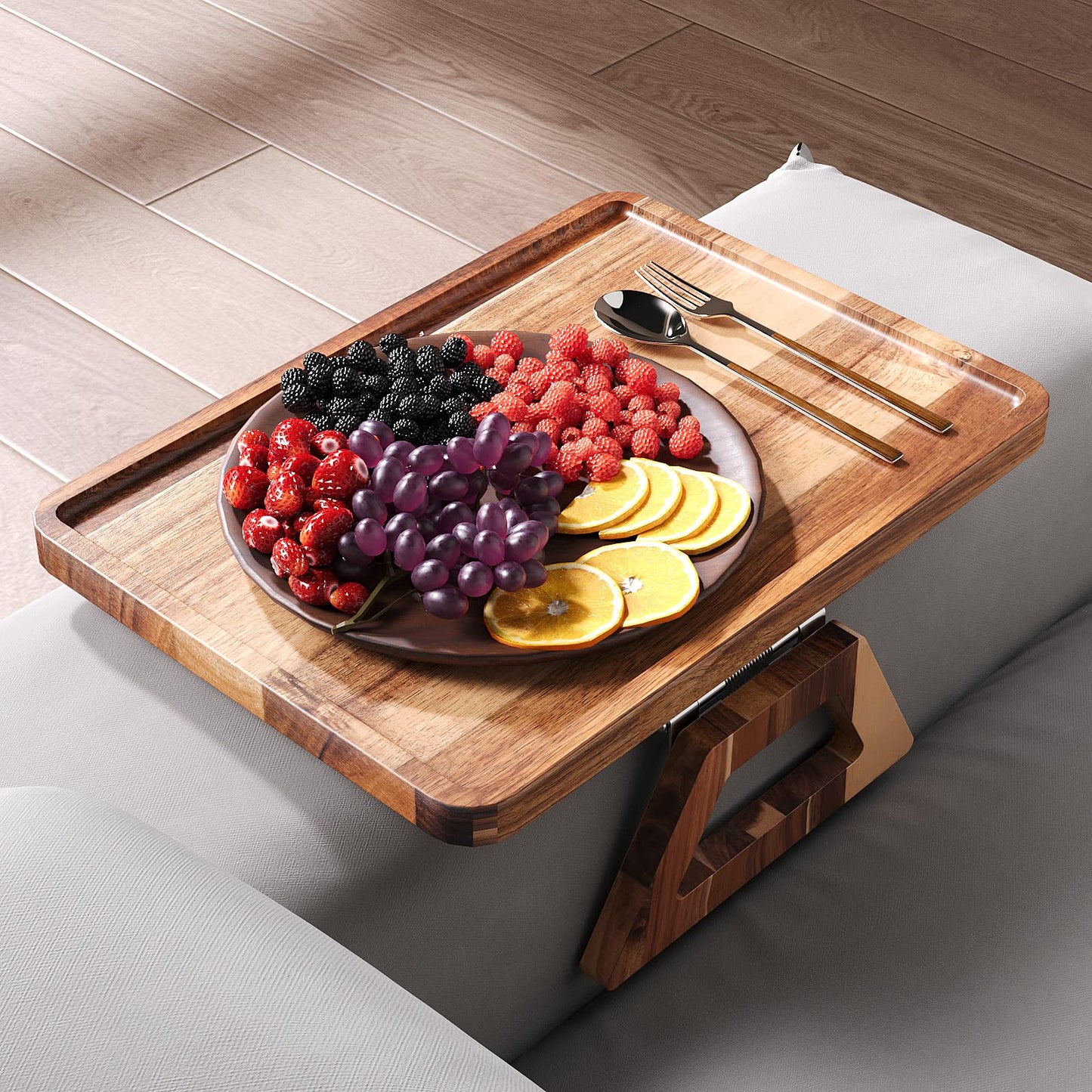 Danfoxer Acacia Wood Couch Arm Tray,Folding Sofa Armrest Tray,Couch Arm Table Clip-On Couch Desk for Drinks, Snacks,Phone,Remote Control