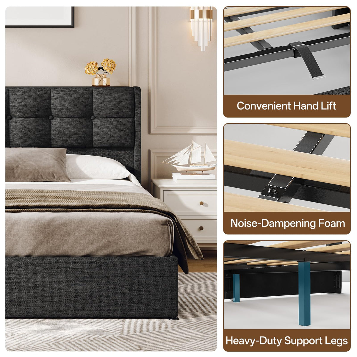 Vinabilia Lift Up King Size Bed Frame with Storage, Upholstered King Bed Frame with Wingback Headboard, No Box Spring Needed, Easy Assembly - Dark Grey