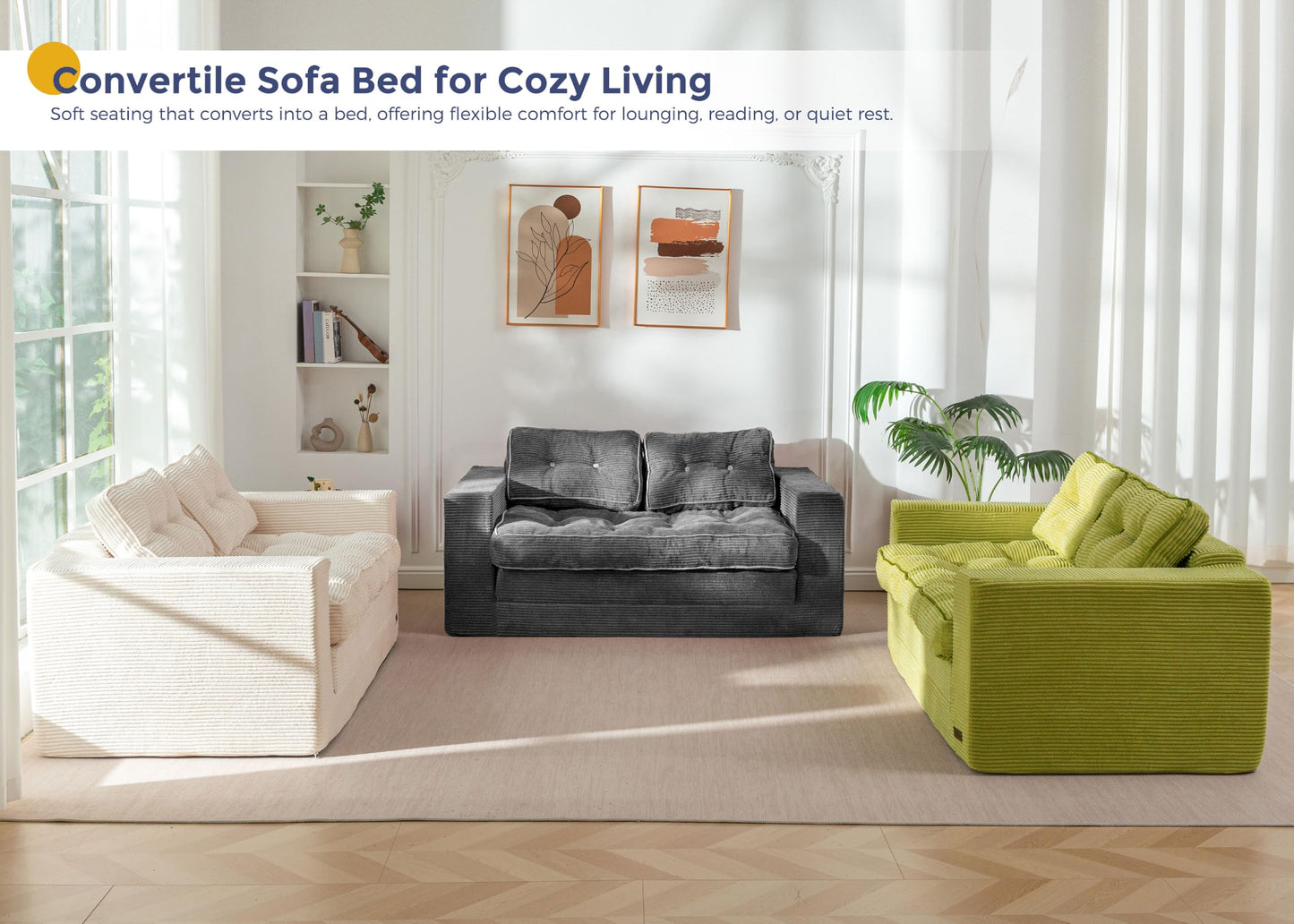 MAXYOYO Convertible Sofa Bed, Pull Out Loveseat Sofa Couch, 2 in 1 Folding Couch Bed, Fold Out Floor Couch with Pillows for Living Room Bedroom Lounge, Green