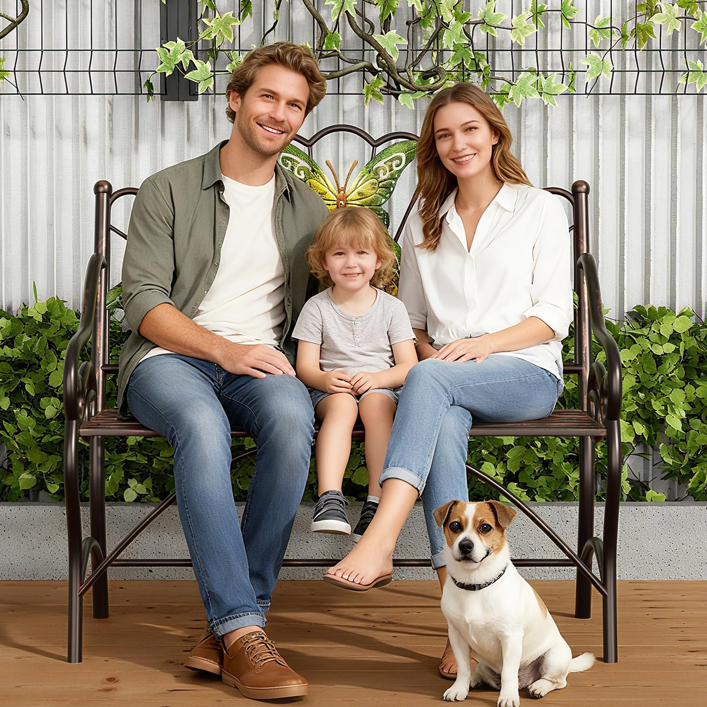 39.7" Arched Back Garden Bench, Metal Outdoor Bench with Scalloped Butterfly Pattern Backrest, Heavy Duty Patio Loveseat with Armrests & Slatted Seat for Front Porch, Backyard, Lawn & Park, Black