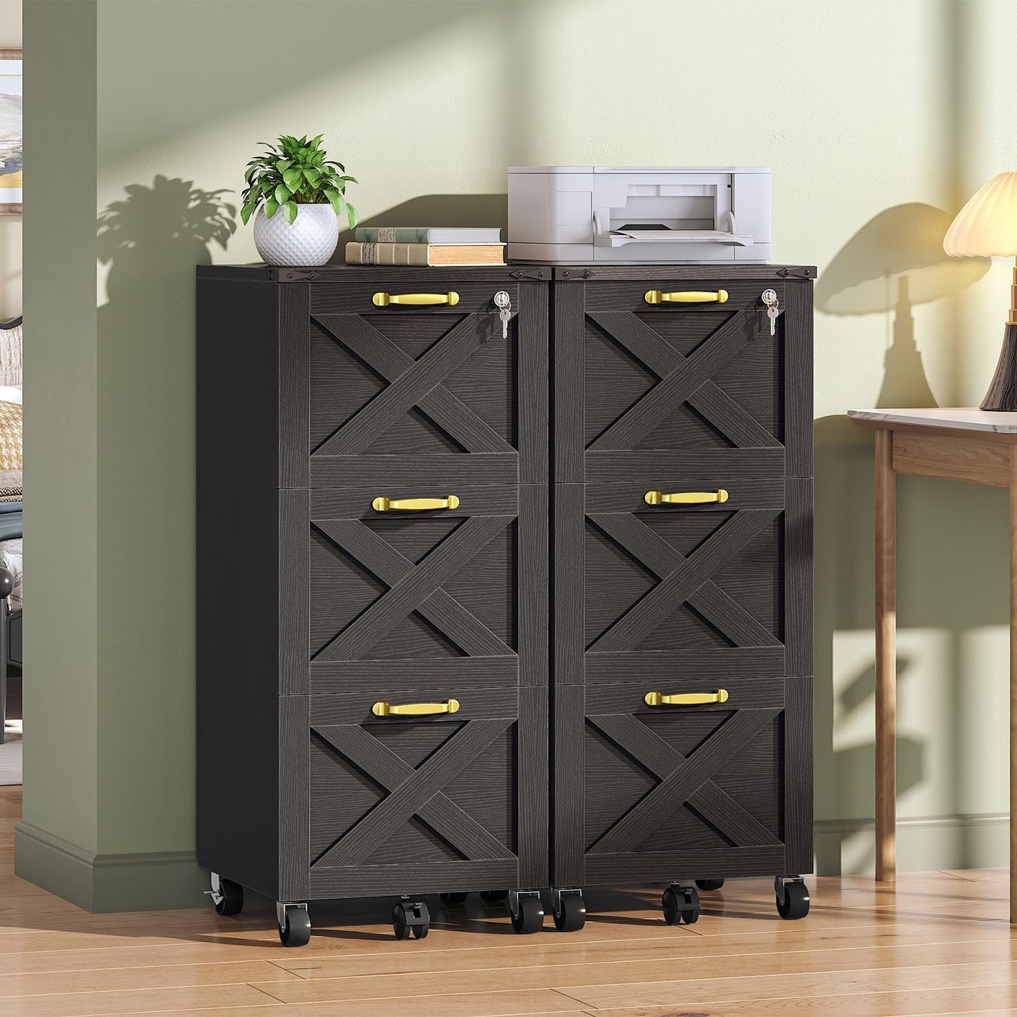 HOOBRO 3 Drawer File Cabinet with Lock, Mobile Filing Cabinet for Home Office, Wooden Farmhouse Office Storage Cabinet, Printer Stand Fits Letter and A4 Size, Black BK93WJ01