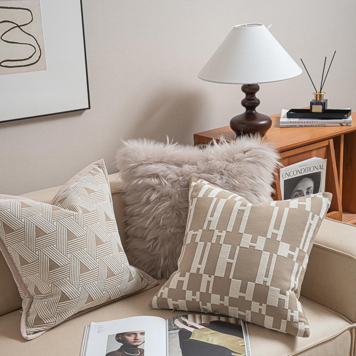 Croker Horse New 20x20'' inches Throw Pillow Cushion Covers - Beige H Letter Chenille Jacquard Embroidery Luxury Modern Style Couch Sofa Bed Pillow Cover for Living Room Bedroom