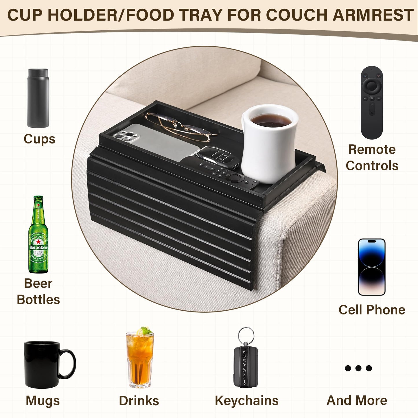YUBAMIN Bamboo Sofa Arm Tray, Anti-Dropping Couch Arm Tray, Foldable Sofa Armrest Tray Couch Arm Table for Eats, Drinks, Snacks, Remote, Cellphone, Cup Holder, Back Anti-Slip Pad Design