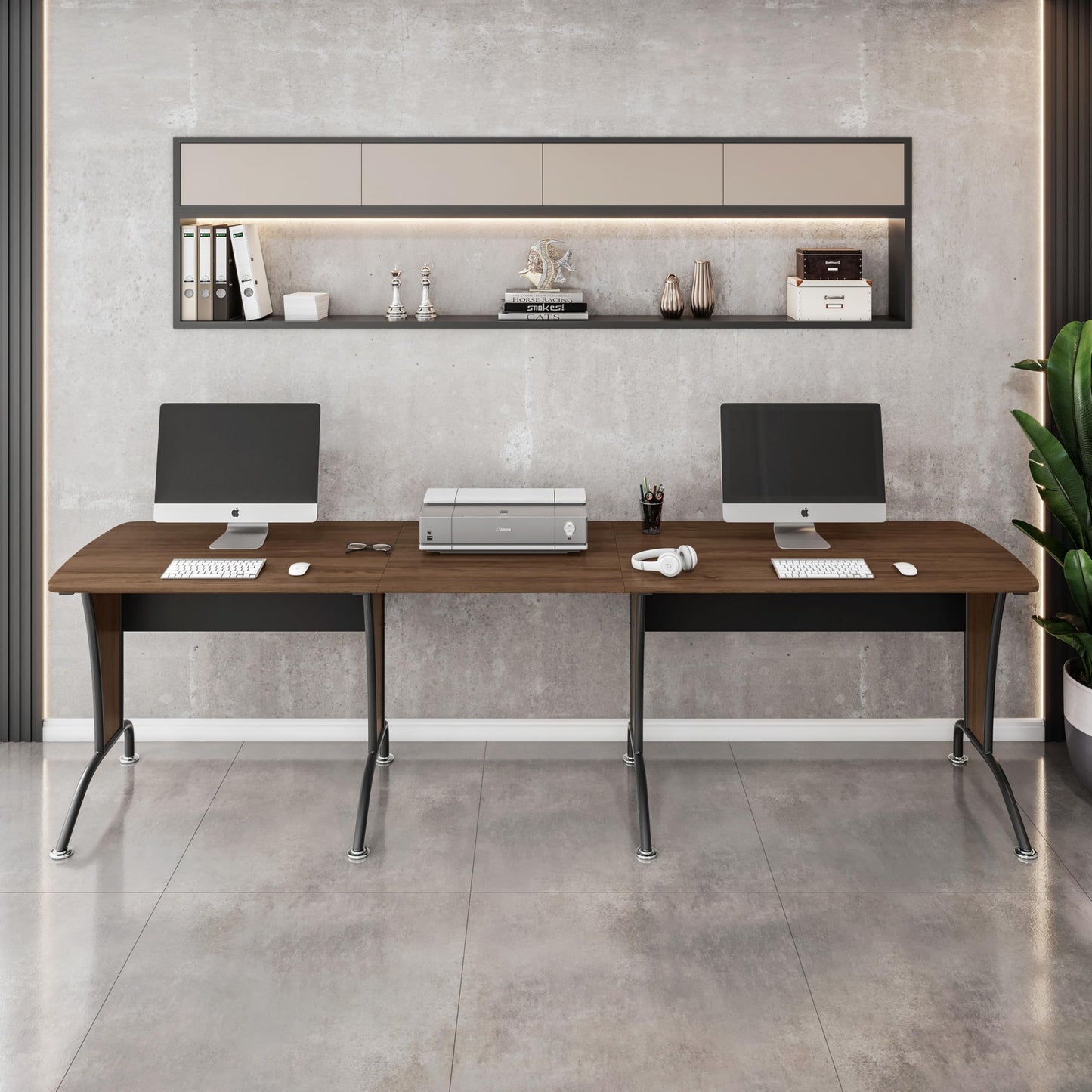 Deluxe L Shaped Desk, Corner Desk Configurable as Left/Right-Handed L-Desk or Inline Desk, Durable Steel Frame with Spacious Work Area, Walnut and Grey