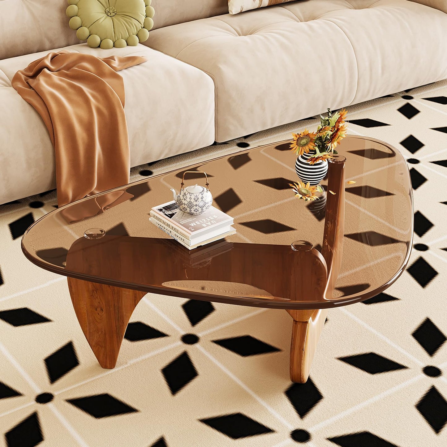 JCAJCA Coffee Table for Living Room Mid Century Modern Center Table with Glass Top and Wood, 32 Inch, Brown/Walnut
