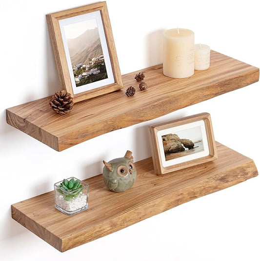 Floating Shelves for Wall Decor, Rustic Solid Elm Wood Live Edge Floating