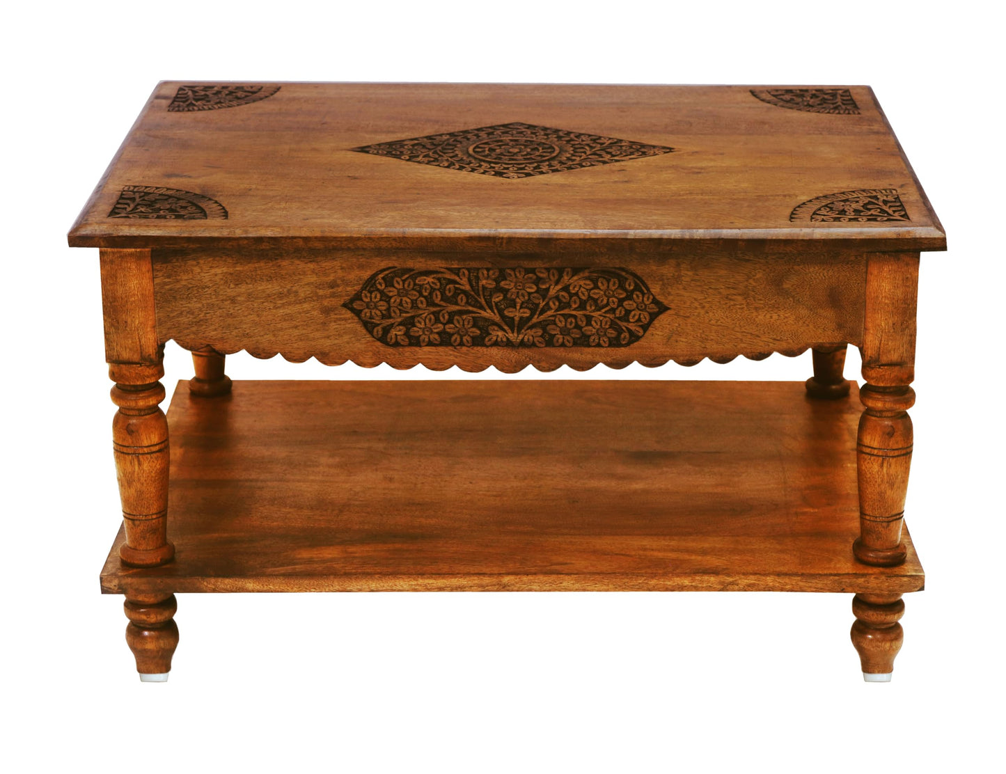 COTTON CRAFT Hand Carved Solid Wood Coffee Table with Storage Shelf – Antique Brown 100% Mango Wood Center Table for Living Room – Easy Assembly Rustic Farmhouse Cocktail Table - 30.5 x 21.5 x 18 H