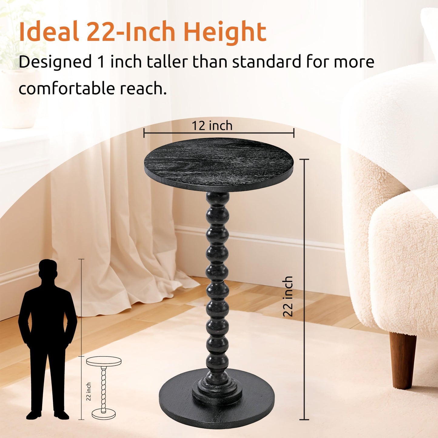 LIVINGNISH Solid Wood Round Side Table for Living Room, Handcrafted End Table for Small Spaces, Tool-Free Assembly with Non-Skid Base, Decorative Bedside Nightstand- Charcoal Gray