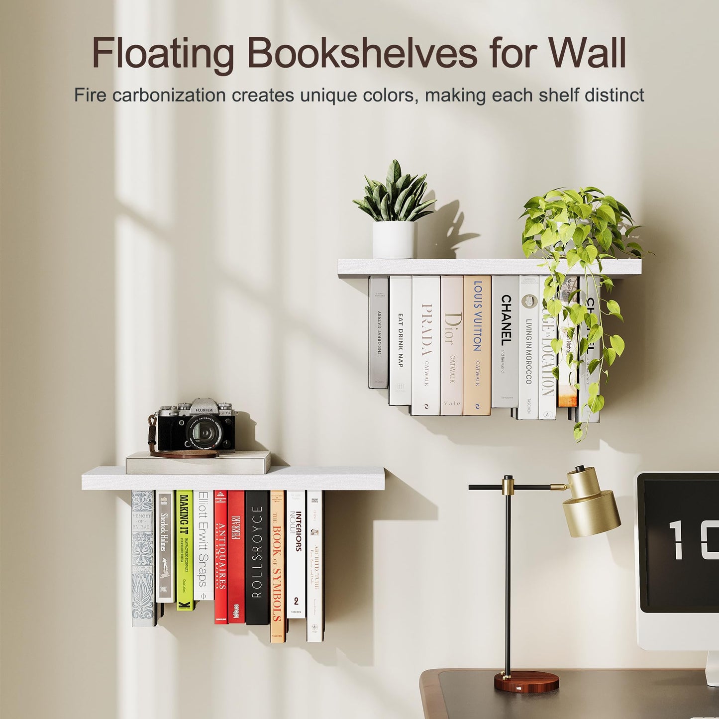 BUTUNITA Floating Bookshelves for Wall, Rustic Wood Hanging Wall Bookshelf, Upside Down Book Shelf and Wall Mounted Bookshelves for Home Decor in Bedroom, Living Room, White 2 Pack